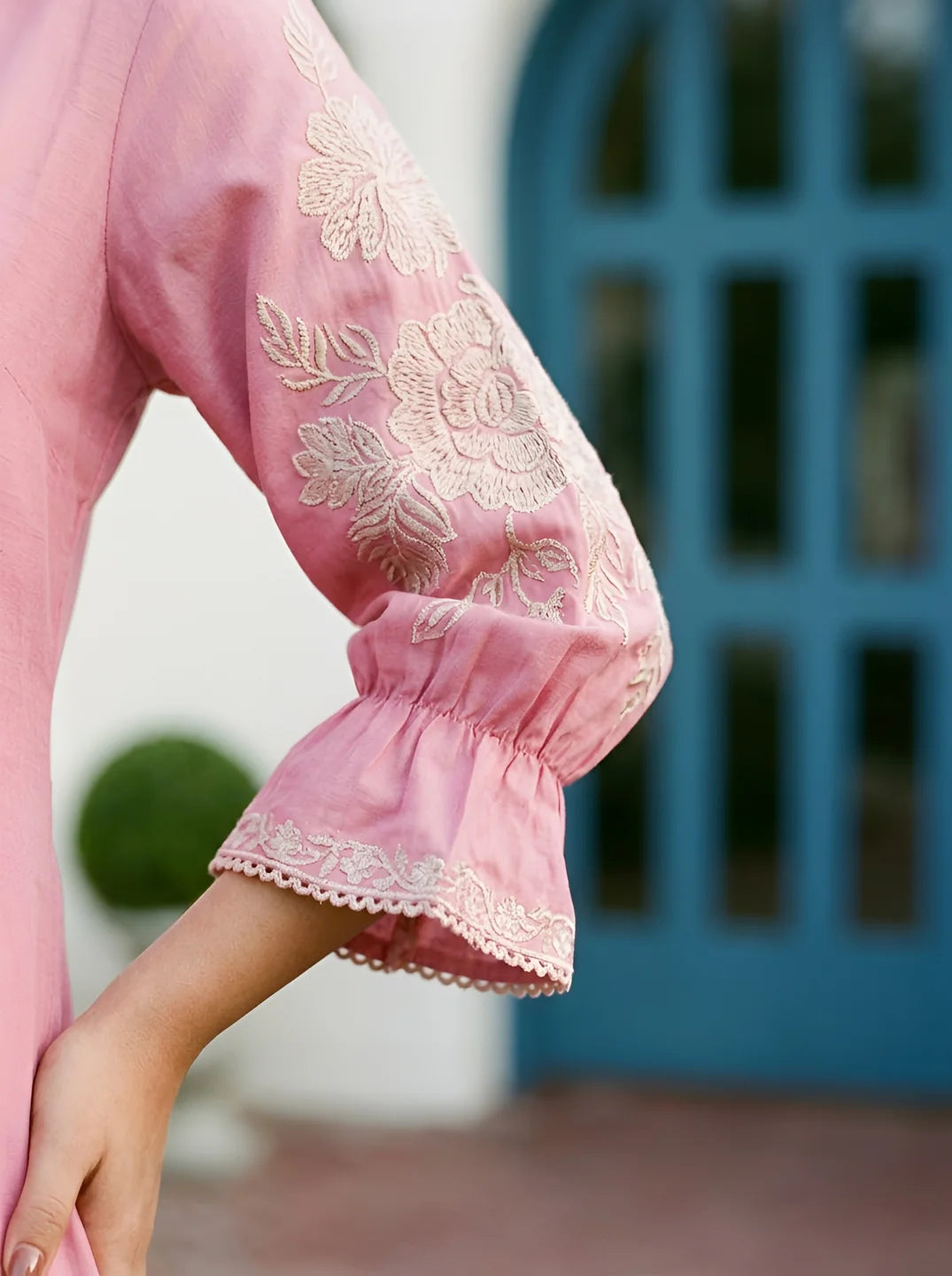 Baby Pink Silver Lurex Embroidered Ethnic Set in Roman Silk