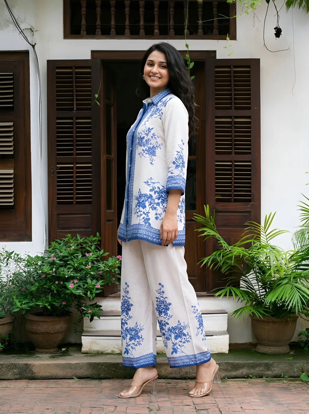White & Blue Floral Border Print Muslin Co-Ord Set