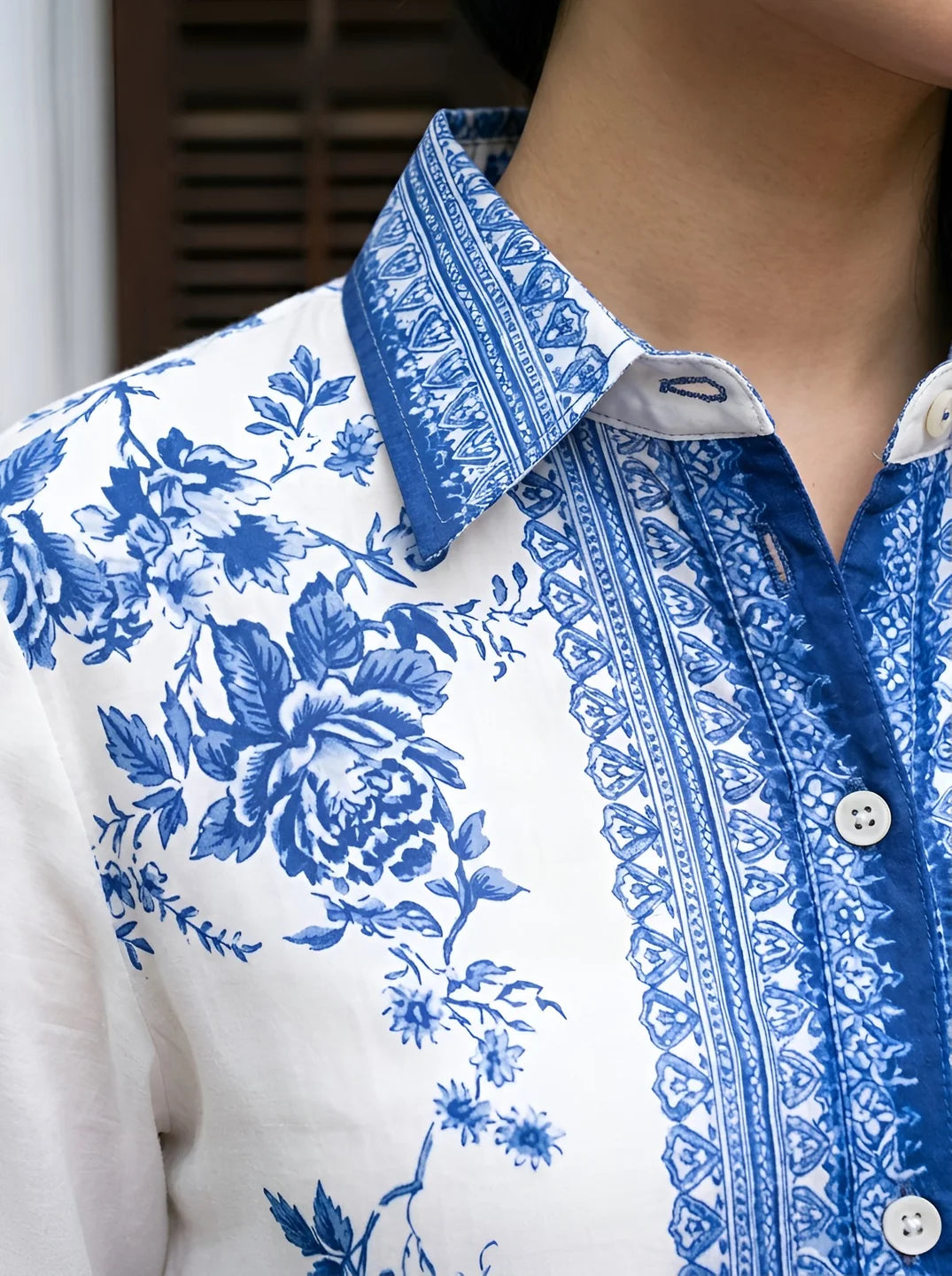 White & Blue Floral Border Print Muslin Co-Ord Set
