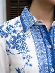 White & Blue Floral Border Print Muslin Co-Ord Set