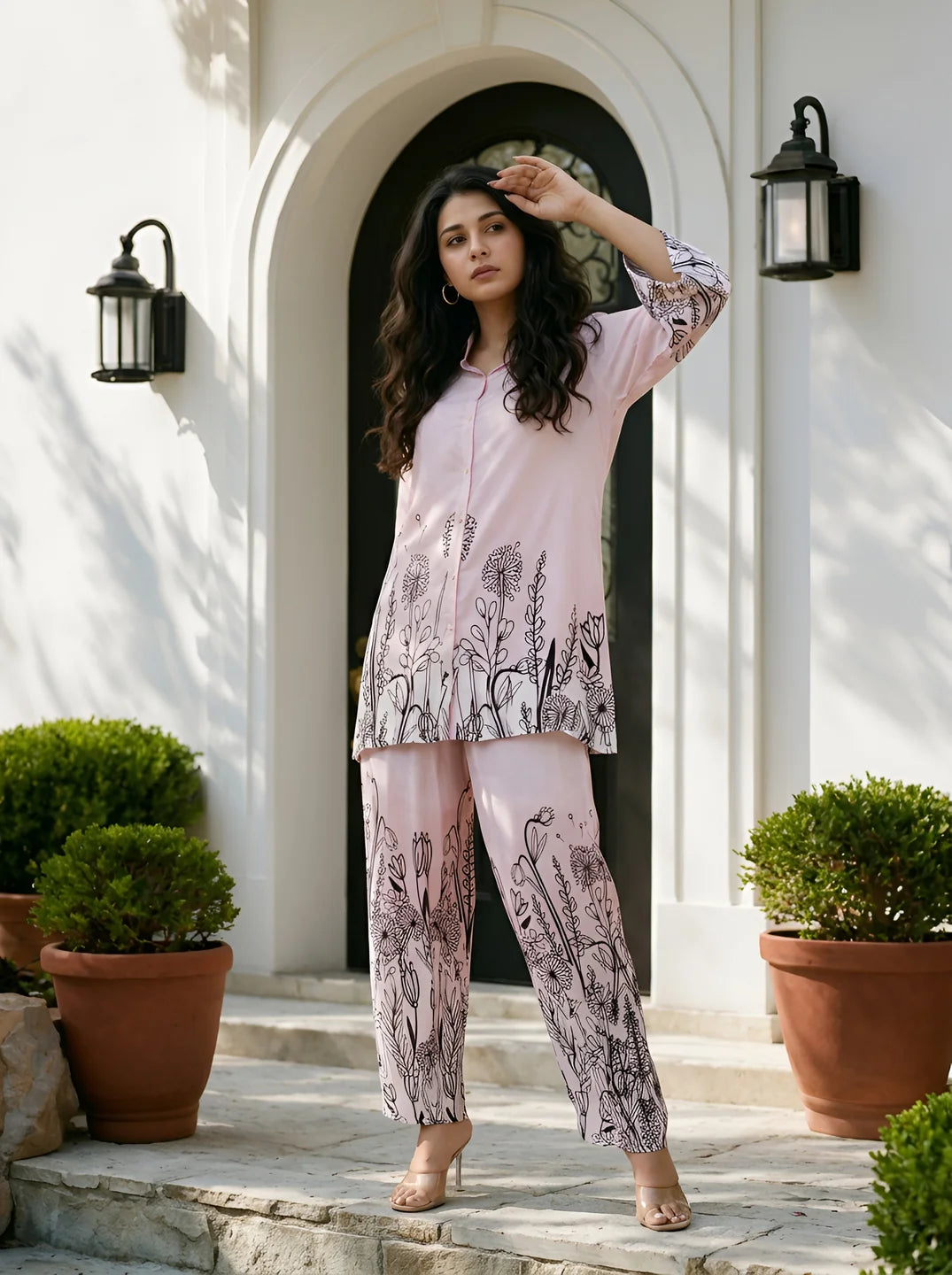 Baby Pink Floral Border Printed Muslin Co-Ord Set