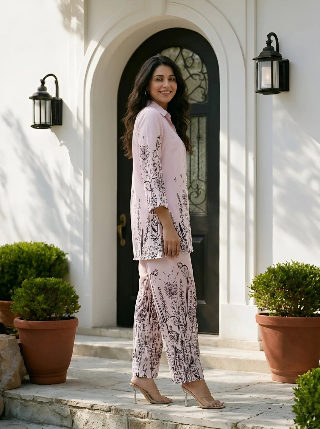 Baby Pink Floral Border Printed Muslin Co-Ord Set