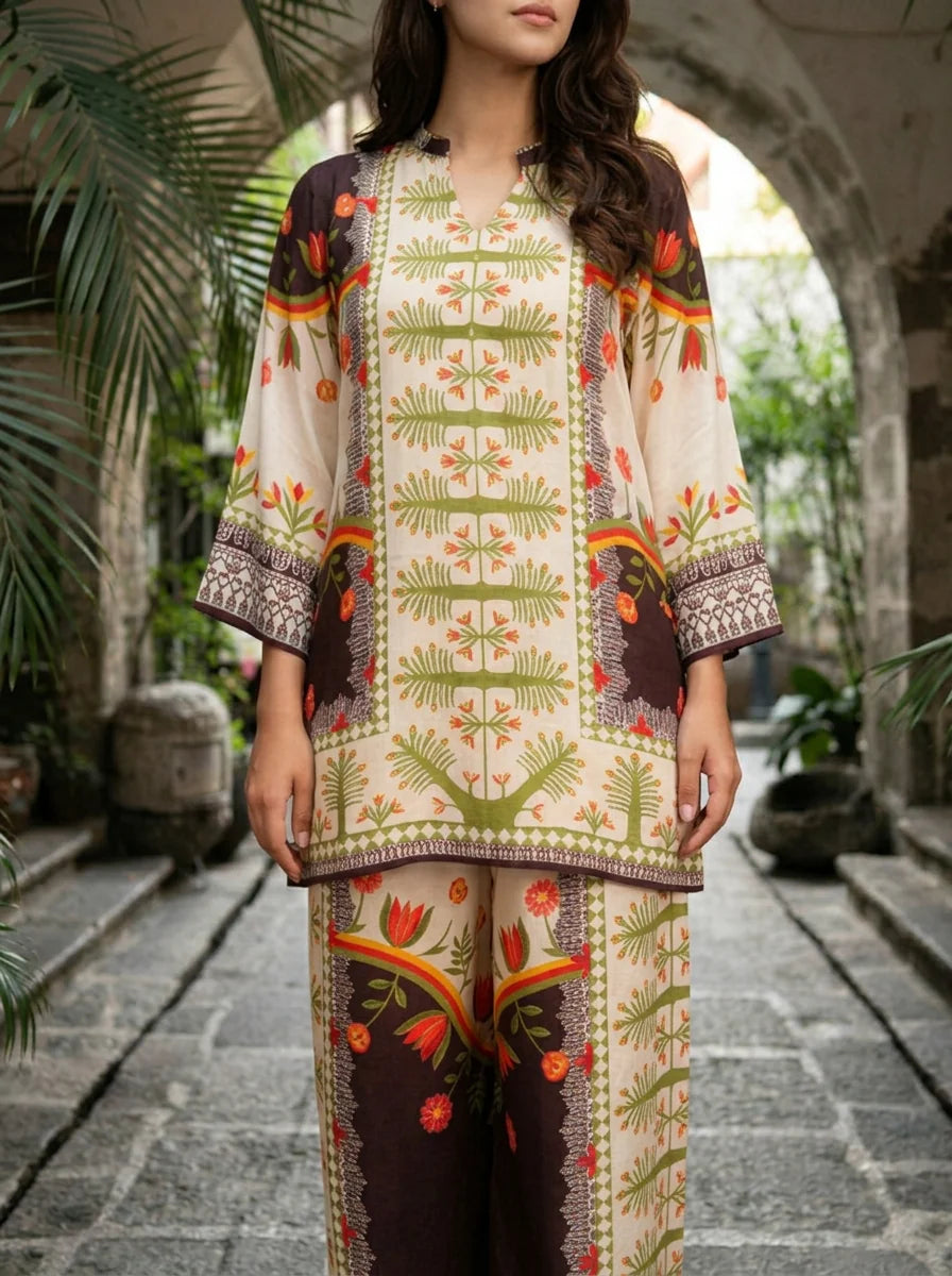 Cream & Brown Botanical Printed Muslin Co-ord Set