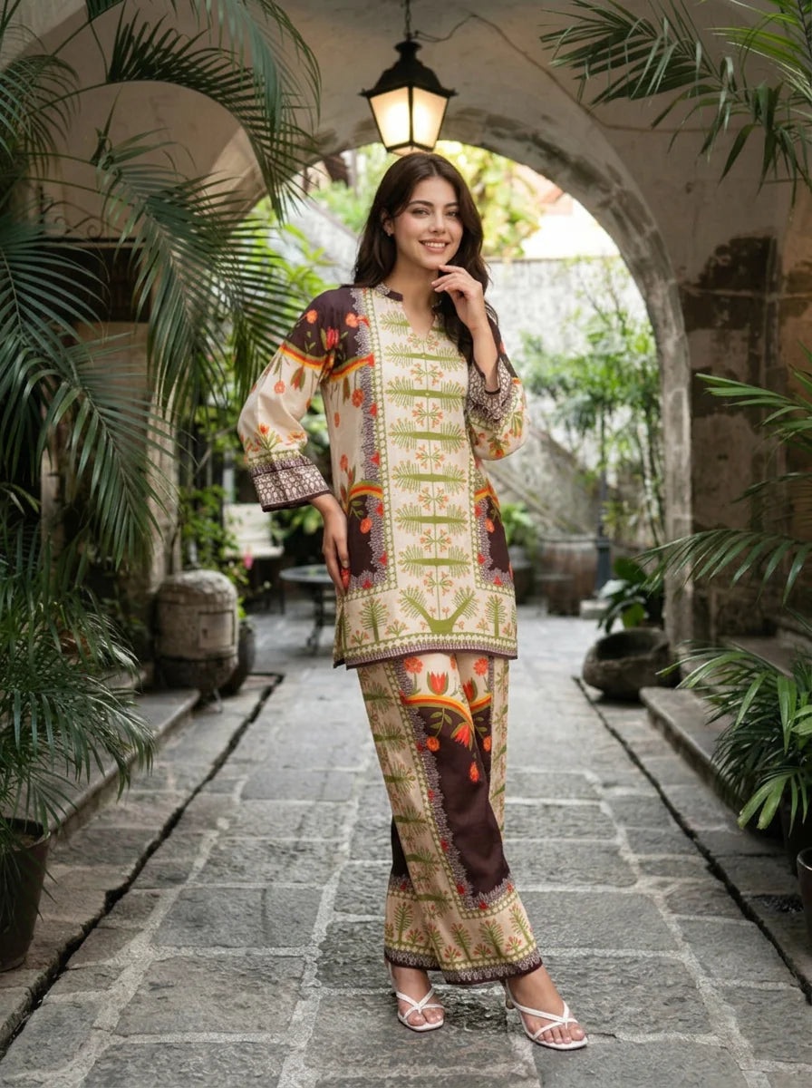 Cream & Brown Botanical Printed Muslin Co-ord Set