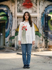 White Shirt with Multicolour Floral Embroidery in Cotton Poplin