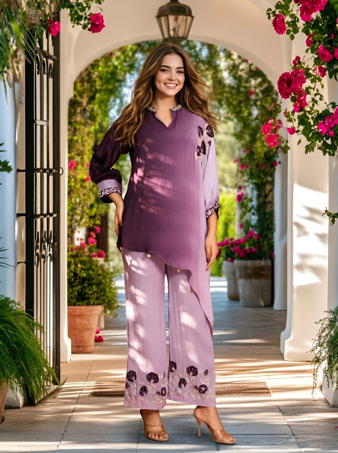 Purple Dip Dye Embroidered Sequin Work Co-Ord Set in Chinon