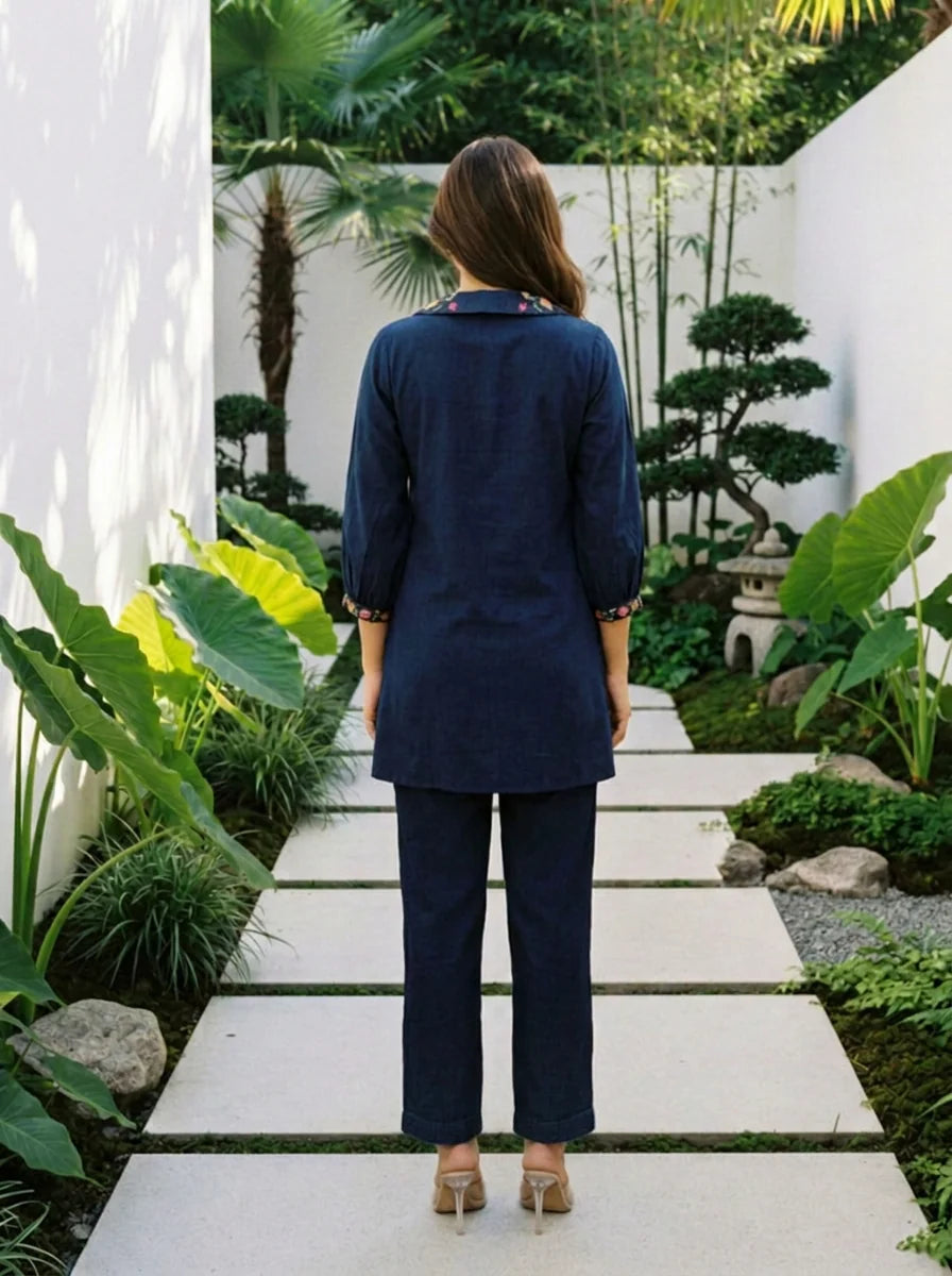 Navy Blue Embroidered Co-ord Set in Roman Fabric