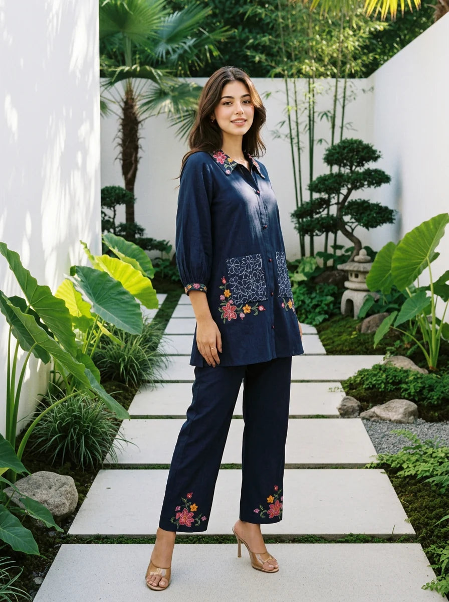 Women's blue co-ord set with contemporary design