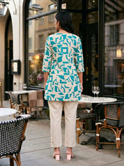 Cream & Green Abstract Print Embroidered Co-ord Set in Cotton Flex