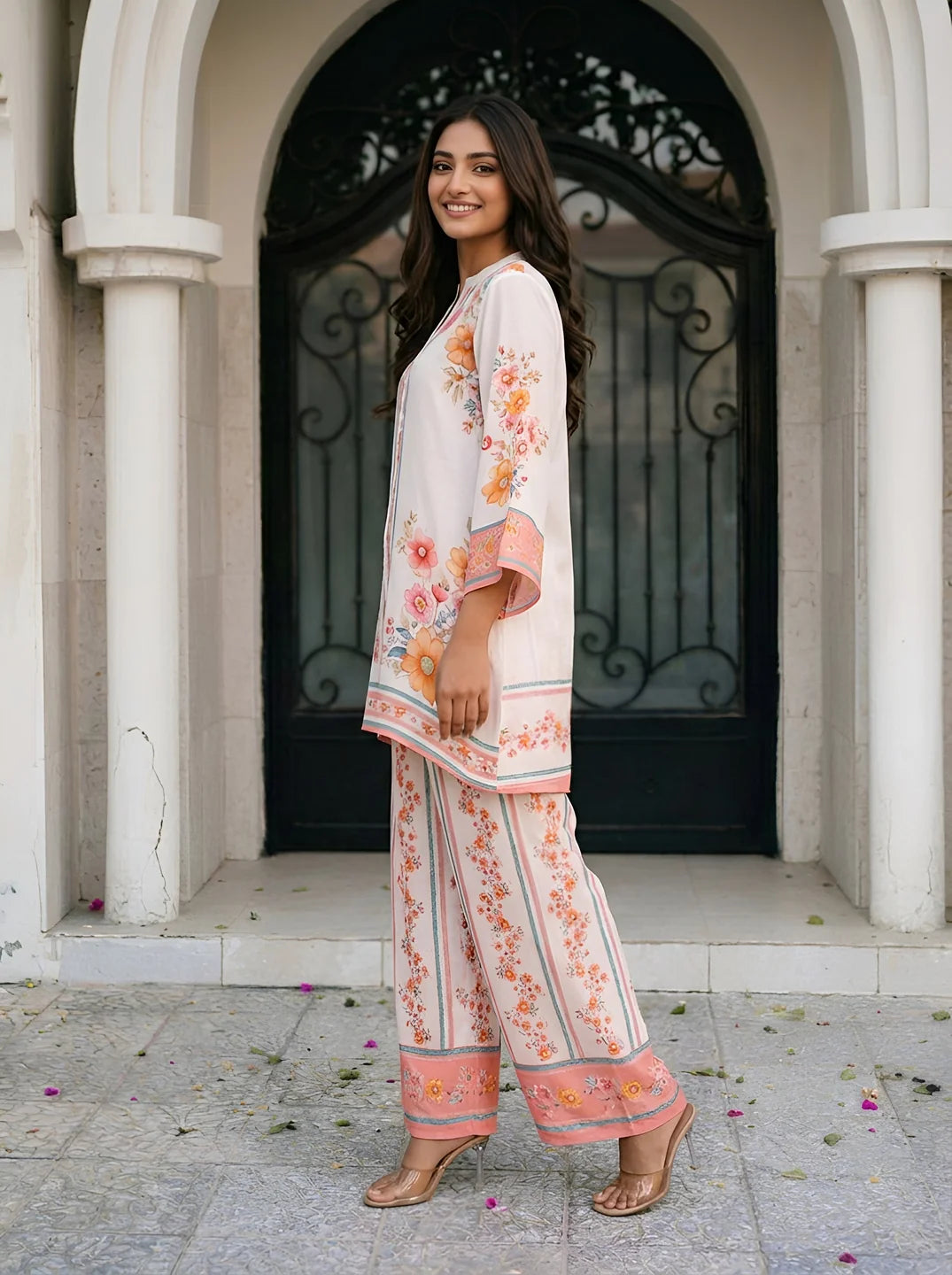 White Multicolor Floral Placement Print Co-Ord Set with Beads & Sequin Detailing in Viscose Muslin