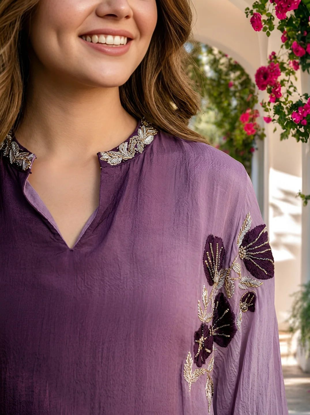 Purple Dip Dye Embroidered Sequin Work Co-Ord Set in Chinon