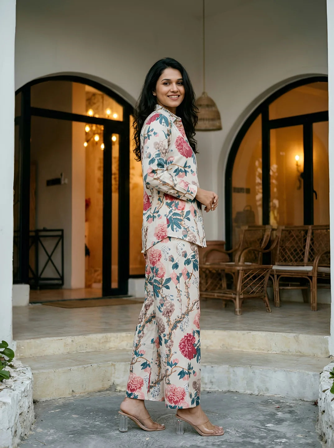 Off-White Bold Floral Printed Co-Ord Set in Cotton Cambric