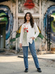 White Shirt with Multicolour Floral Embroidery in Cotton Poplin