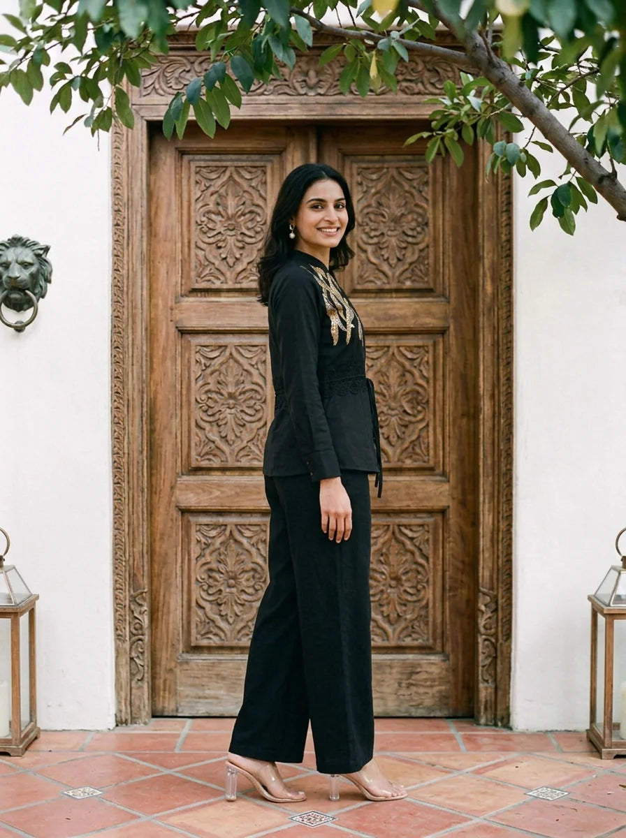 Black Sequence Cotton Flex Co-ord Set