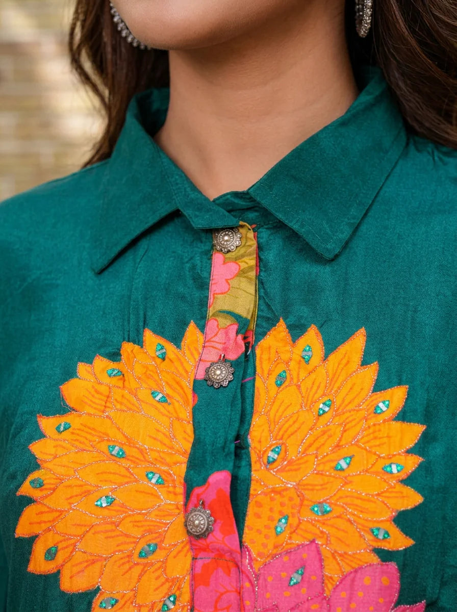 Green Floral  Crepe Abstract Mirror Work Co-Ord Set