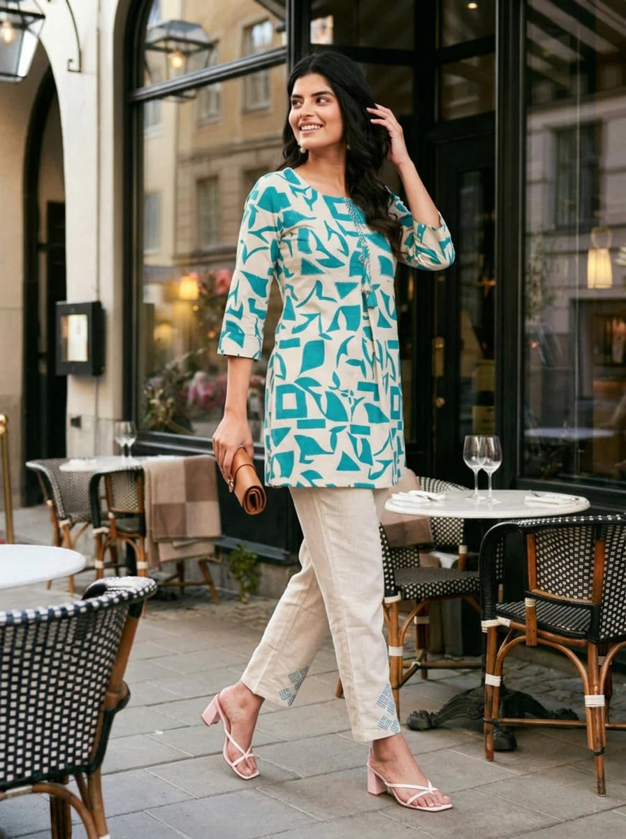 Cream & Green Abstract Print Embroidered Co-ord Set in Cotton Flex