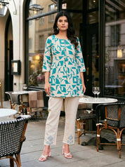 Cream & Green Abstract Print Embroidered Co-ord Set in Cotton Flex