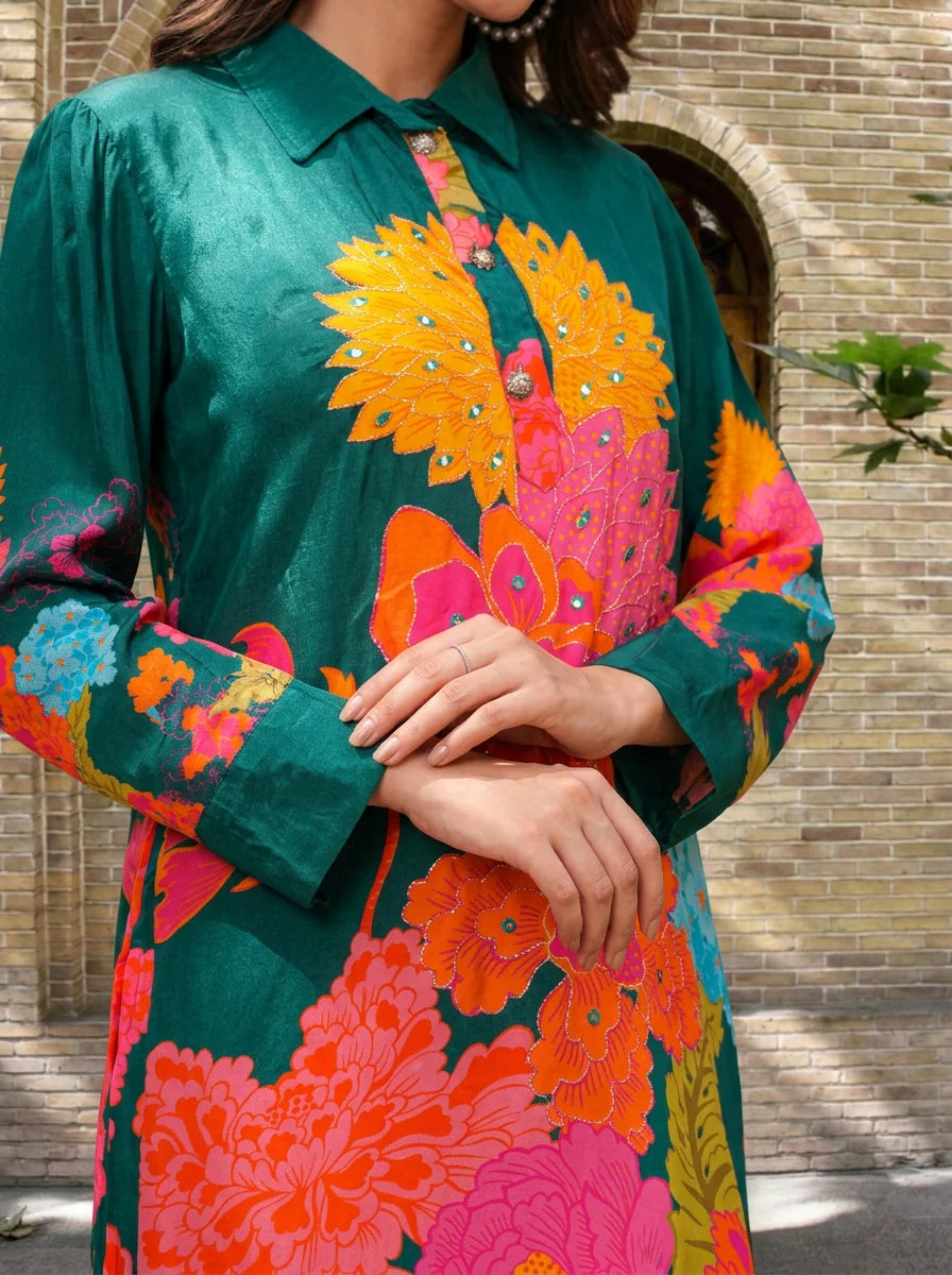 Green Floral  Crepe Abstract Mirror Work Co-Ord Set