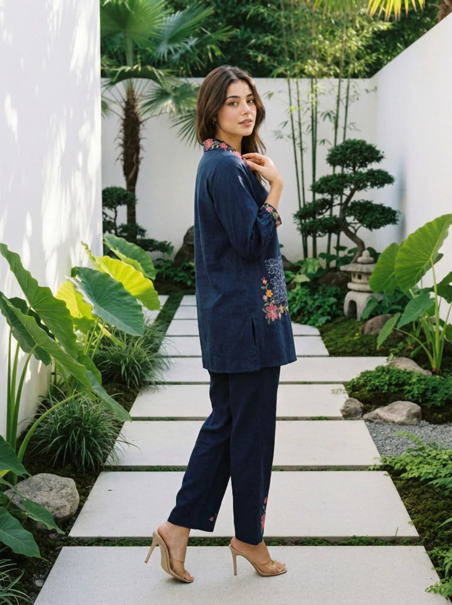 Navy Blue Embroidered Co-ord Set in Roman Fabric