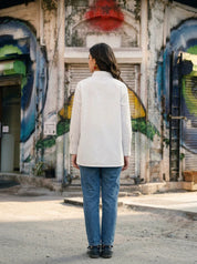 White Shirt with Multicolour Floral Embroidery in Cotton Poplin