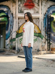 White Shirt with Multicolour Floral Embroidery in Cotton Poplin