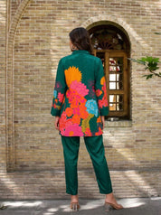 Green Floral  Crepe Abstract Mirror Work Co-Ord Set