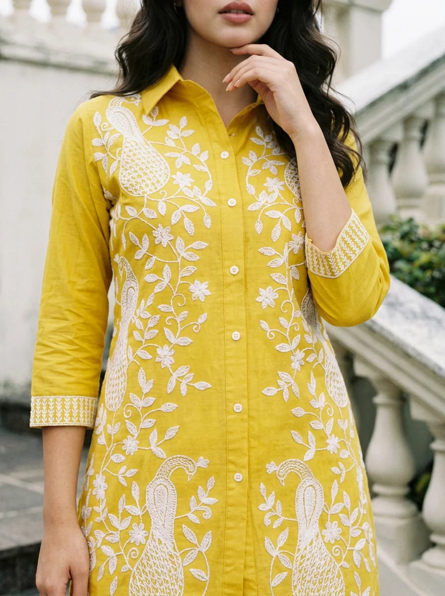 Mustard Yellow Embroidered Co-ord Set in Cotton