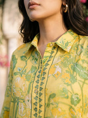 Lemon Yellow & Green Bold Floral Printed Sequin Detailed Co-Ord Set in Viscose Muslin
