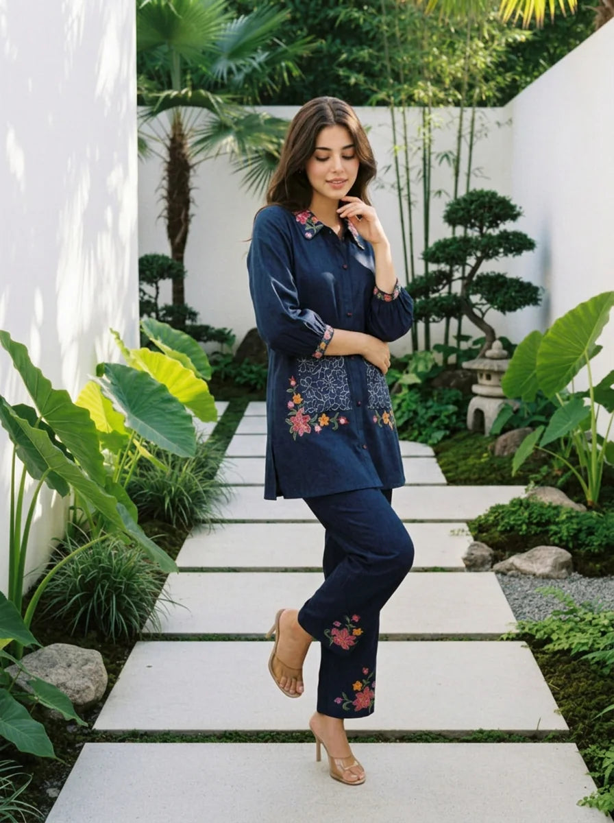 Navy Blue Embroidered Co-ord Set in Roman Fabric