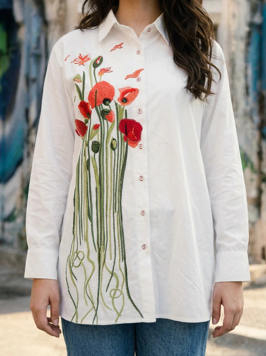 White Shirt with Multicolour Floral Embroidery in Cotton Poplin