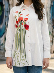 White Shirt with Multicolour Floral Embroidery in Cotton Poplin