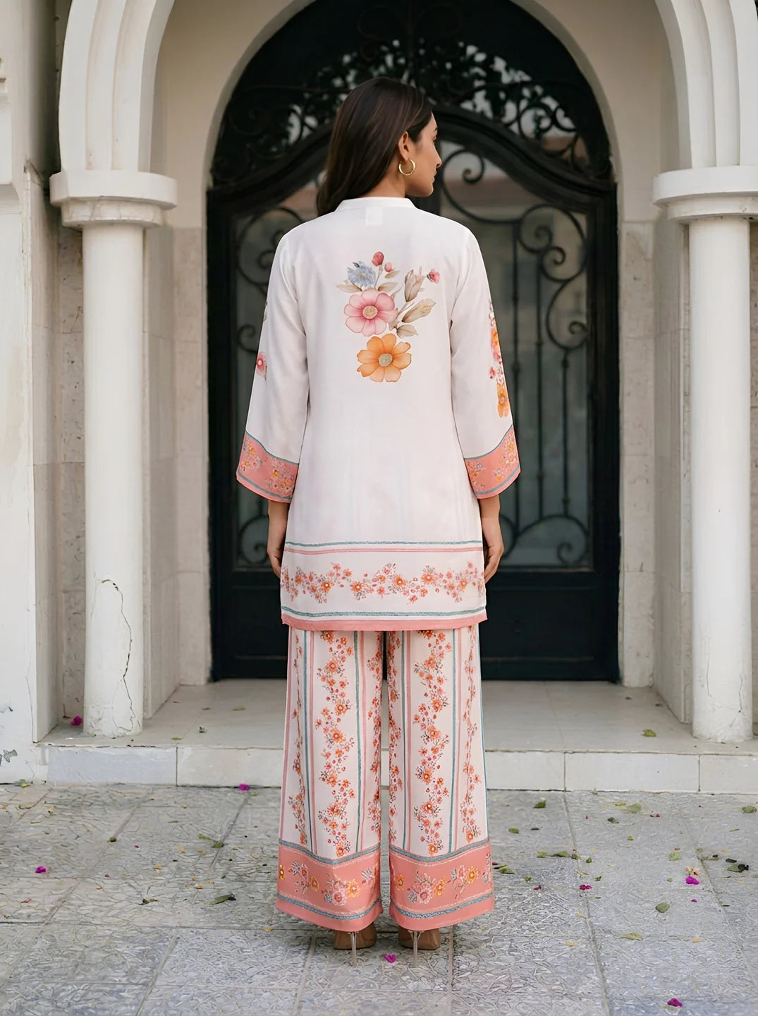 White Multicolor Floral Placement Print Co-Ord Set with Beads & Sequin Detailing in Viscose Muslin