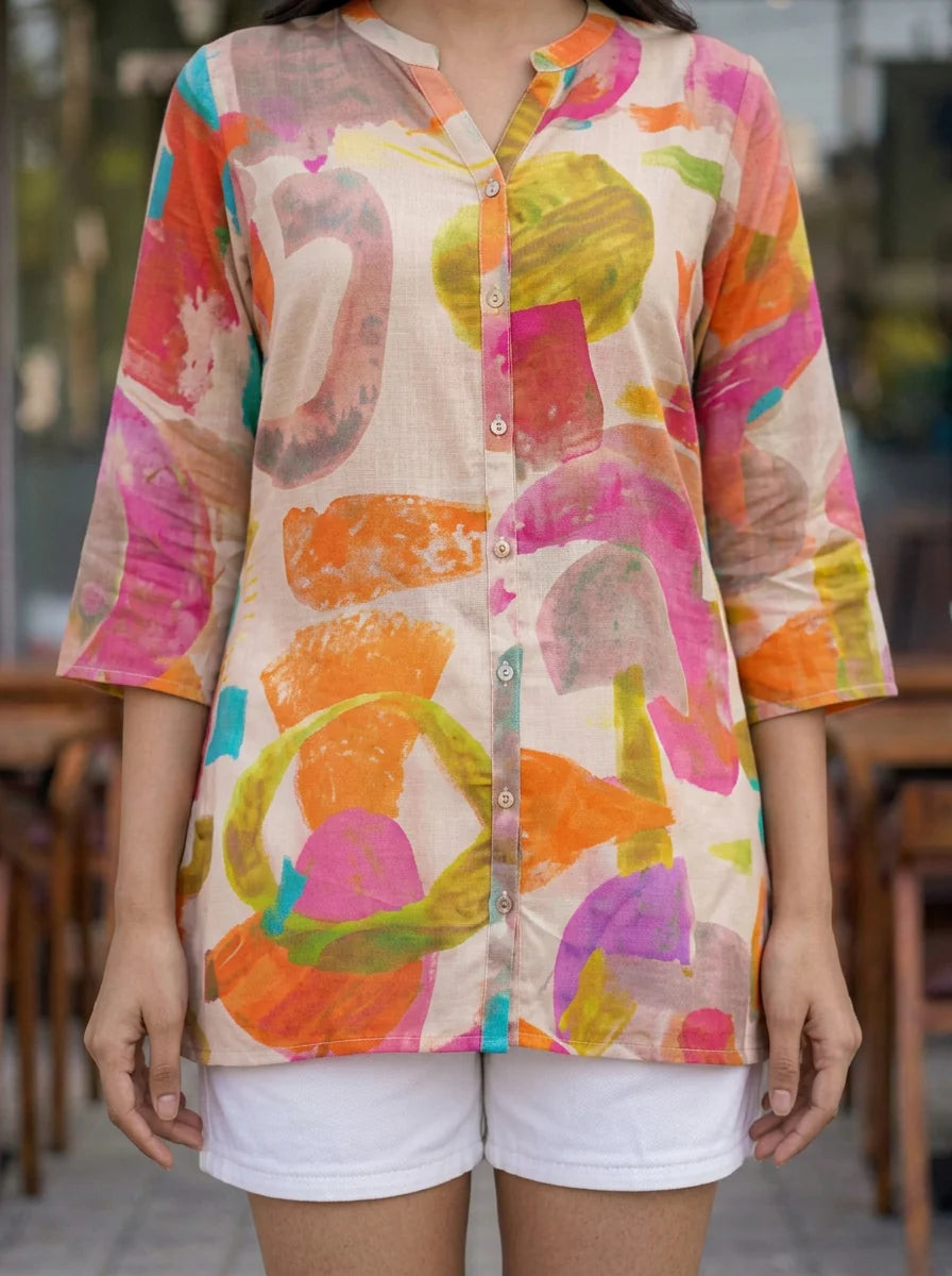 Multicolor Geometric Crepe Short Kurti