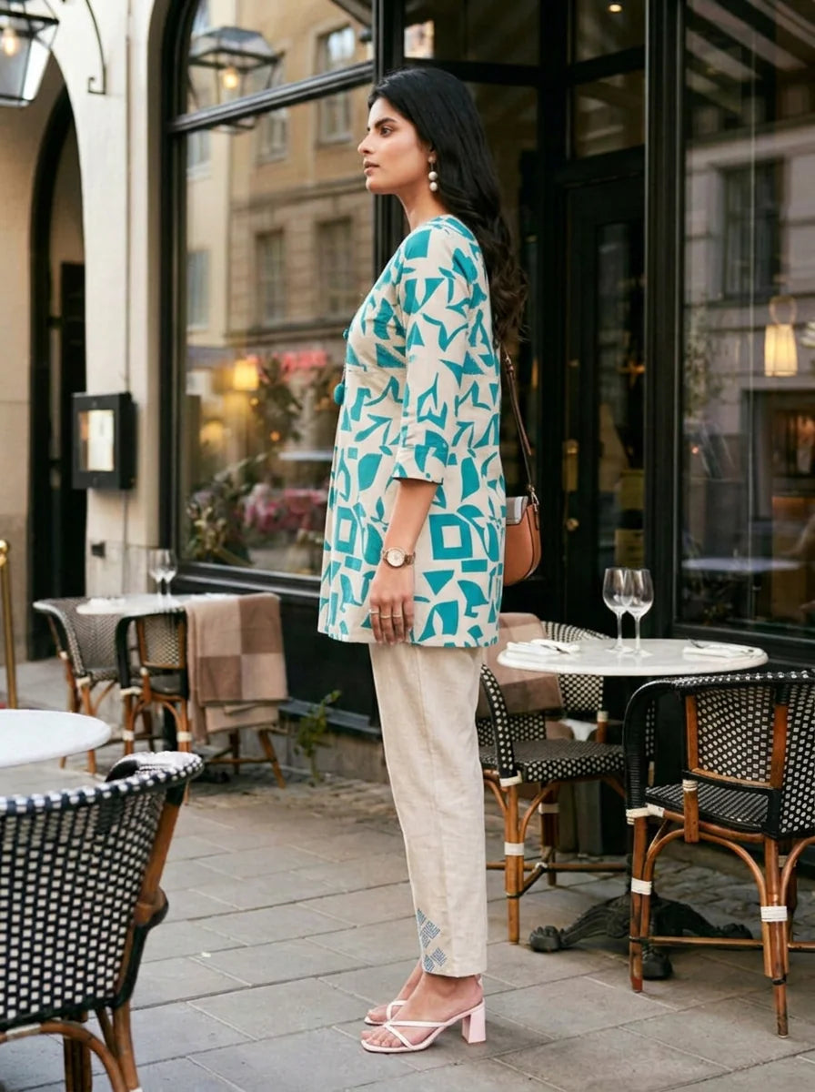 Cream & Green Abstract Print Embroidered Co-ord Set in Cotton Flex