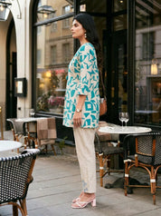 Cream & Green Abstract Print Embroidered Co-ord Set in Cotton Flex