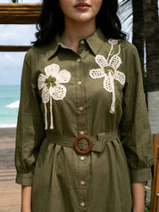 Olive Green Crochet Flower Patch Mini Dress in Cotton Cambric