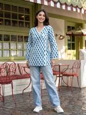 Blue & White Angrakha Cotton Short Kurti