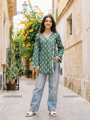 Bottle Green Angrakha Cotton Short Kurti