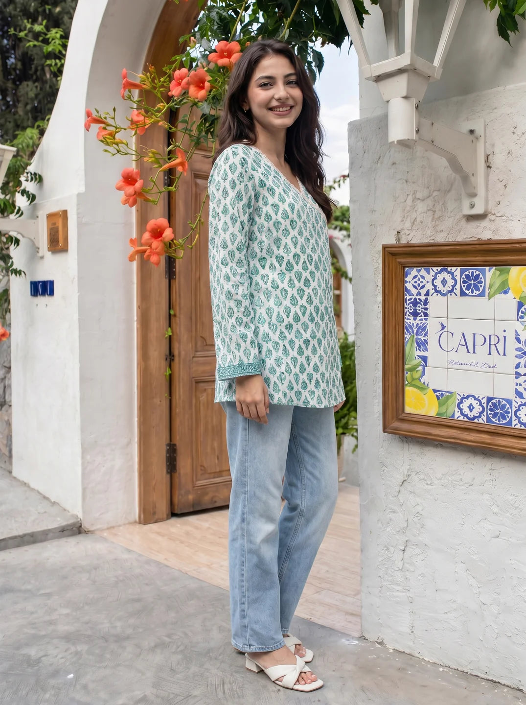 White & Green Angrakha Cotton Short Kurti