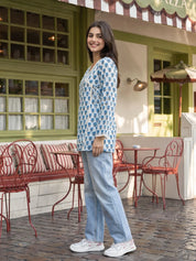 Blue & White Angrakha Cotton Short Kurti