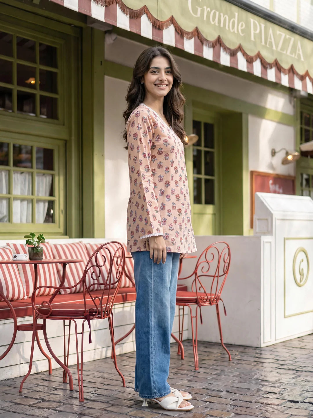 Muted Peach Angrakha Cotton Short Kurti