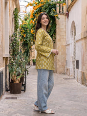 Mustard & White Angrakha Cotton Short Kurti