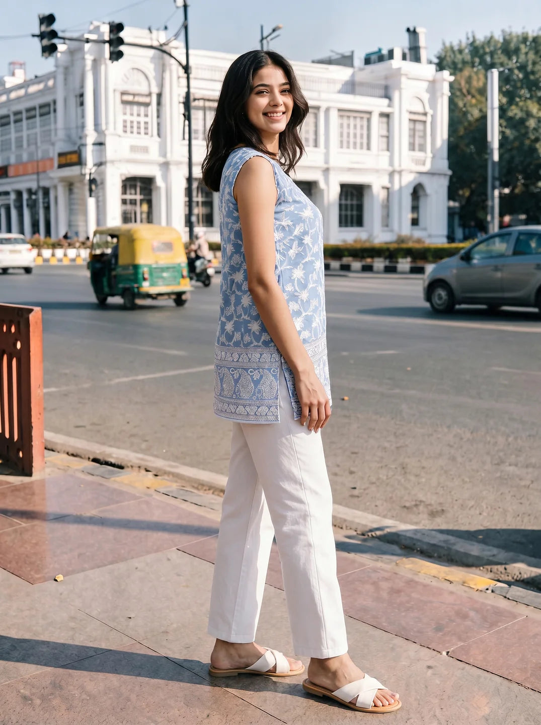 Sky Blue Chikankari Embroidered Cotton Short Kurti