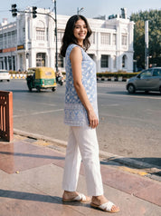 Sky Blue Chikankari Embroidered Cotton Short Kurti