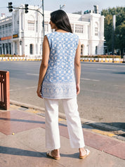 Sky Blue Chikankari Embroidered Cotton Short Kurti