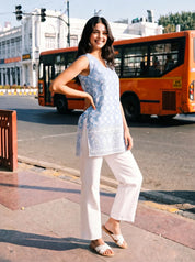 Sky Blue Chikankari Embroidered Cotton Short Kurti