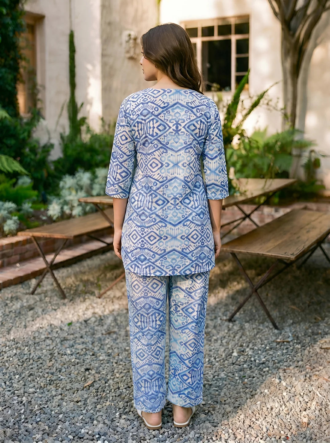 Blue & White Abstract Batik Printed Cotton Cambric Co-Ord Set