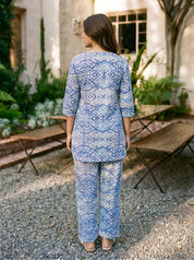 Blue & White Abstract Batik Printed Cotton Cambric Co-Ord Set