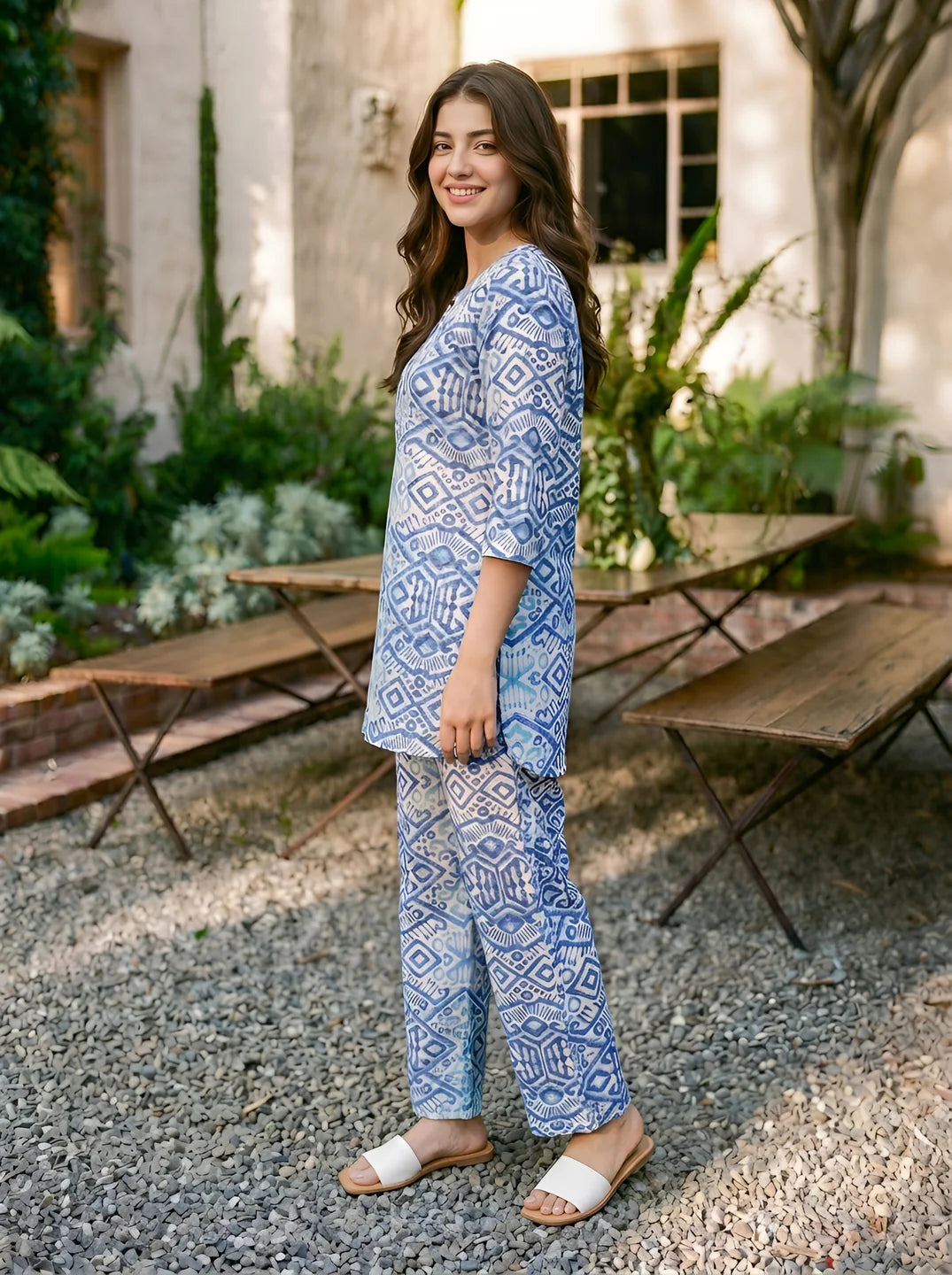 Sky blue women’s co ord set with stylish coordinated fashion and breathable comfortable modern outfit styling