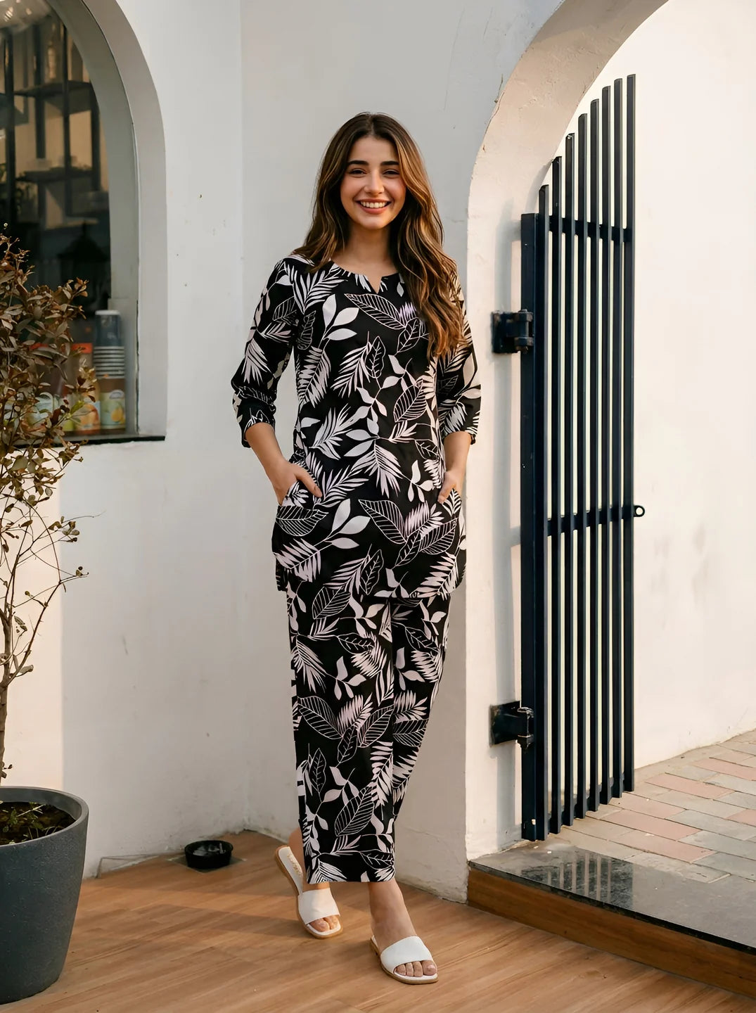 Fashionable printed co ord set for women with matching outfit styling for brunch dates and holiday fashion